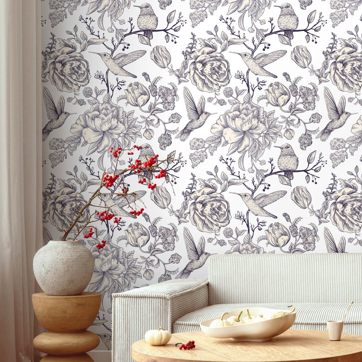 Vintage Floral Wallpaper with Hummingbirds and Peonies in Purple - detail view