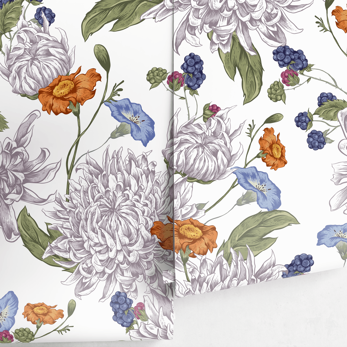 Floral Wallpaper with Vintage Chrysanthemums in Purple, Orange, and Blue - detail view