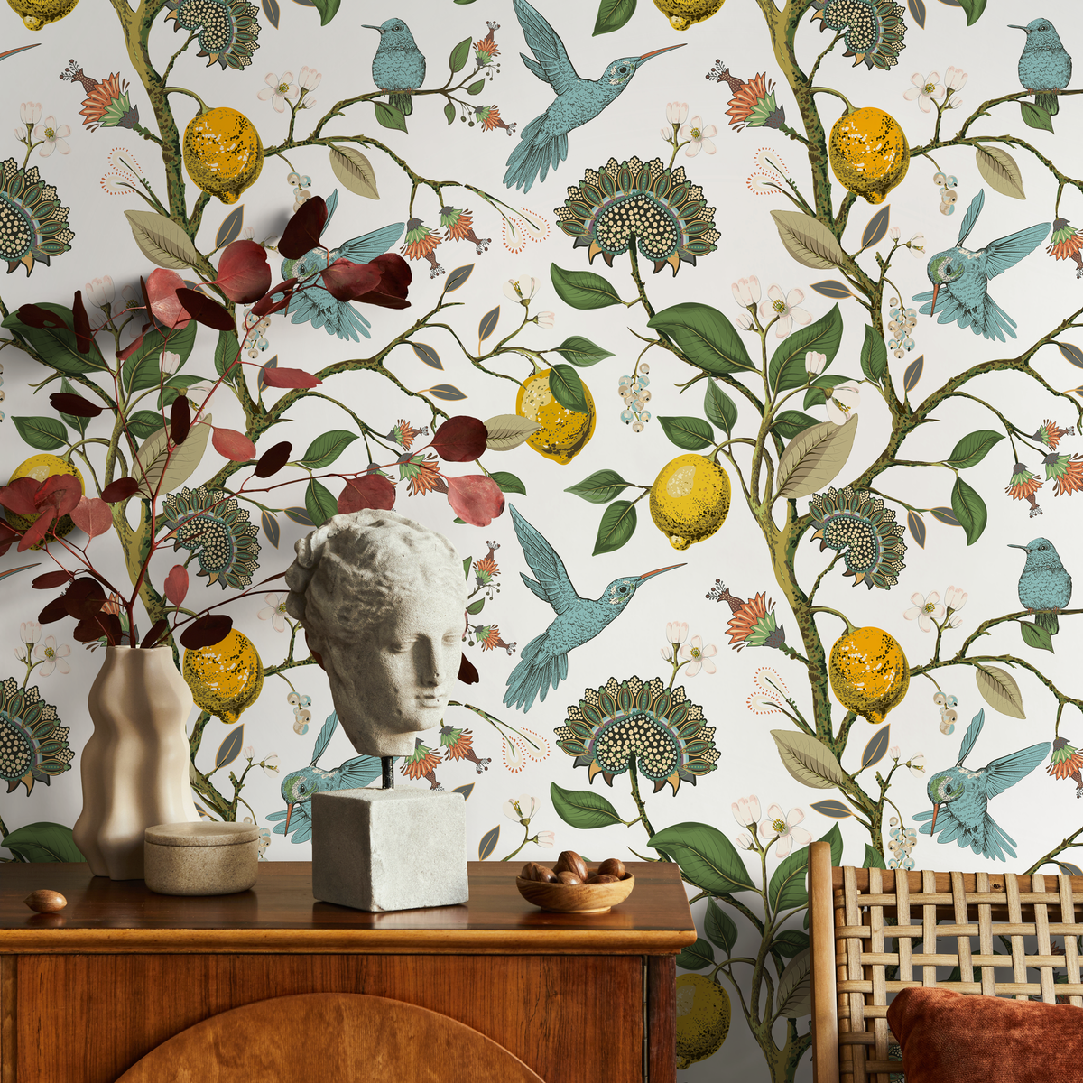 Vintage Botanical Wallpaper with Lemons and Hummingbirds in Blue, Yellow, and Green - room view