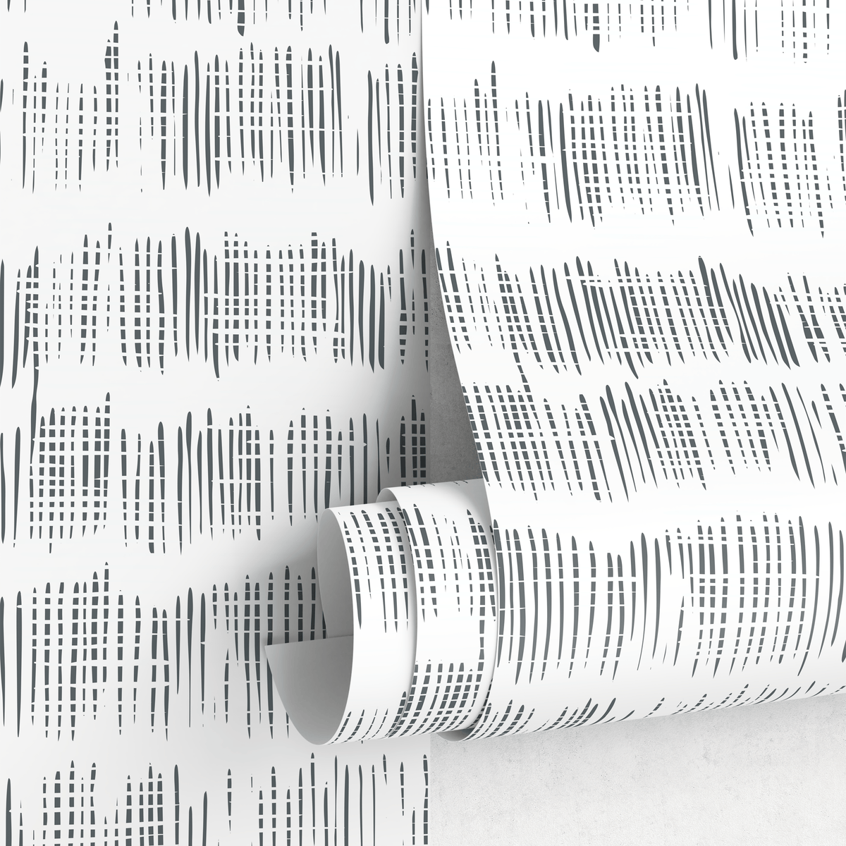 Minimalist Abstract Wavy Hatched-Line Wallpaper in Black and White - detail view