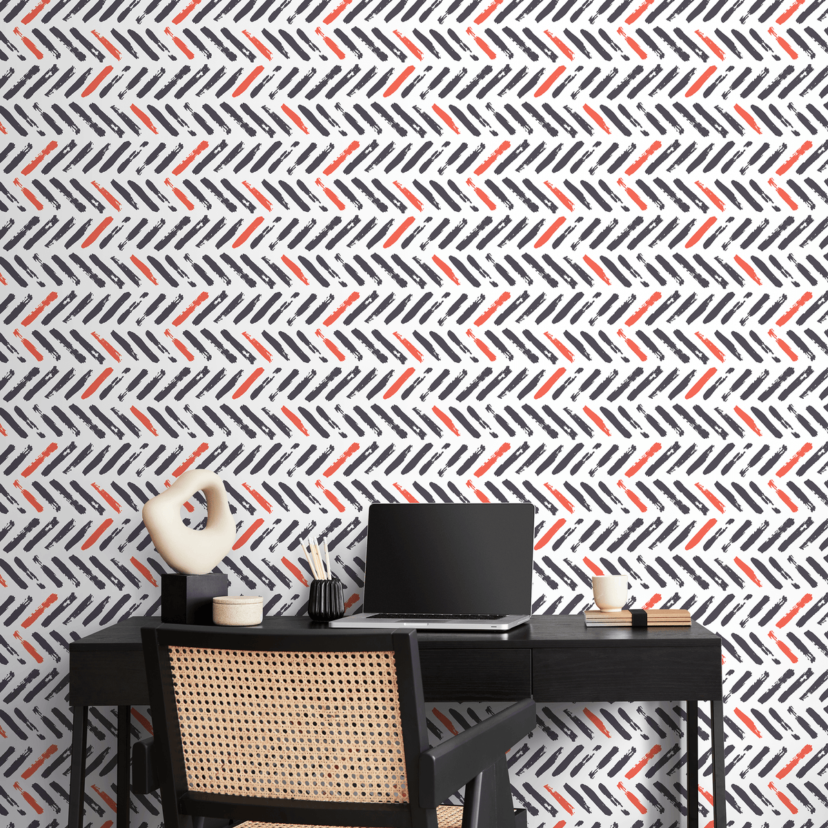 Chevron Wallpaper with a Brushstroke Motif in Charcoal and Red - detail view