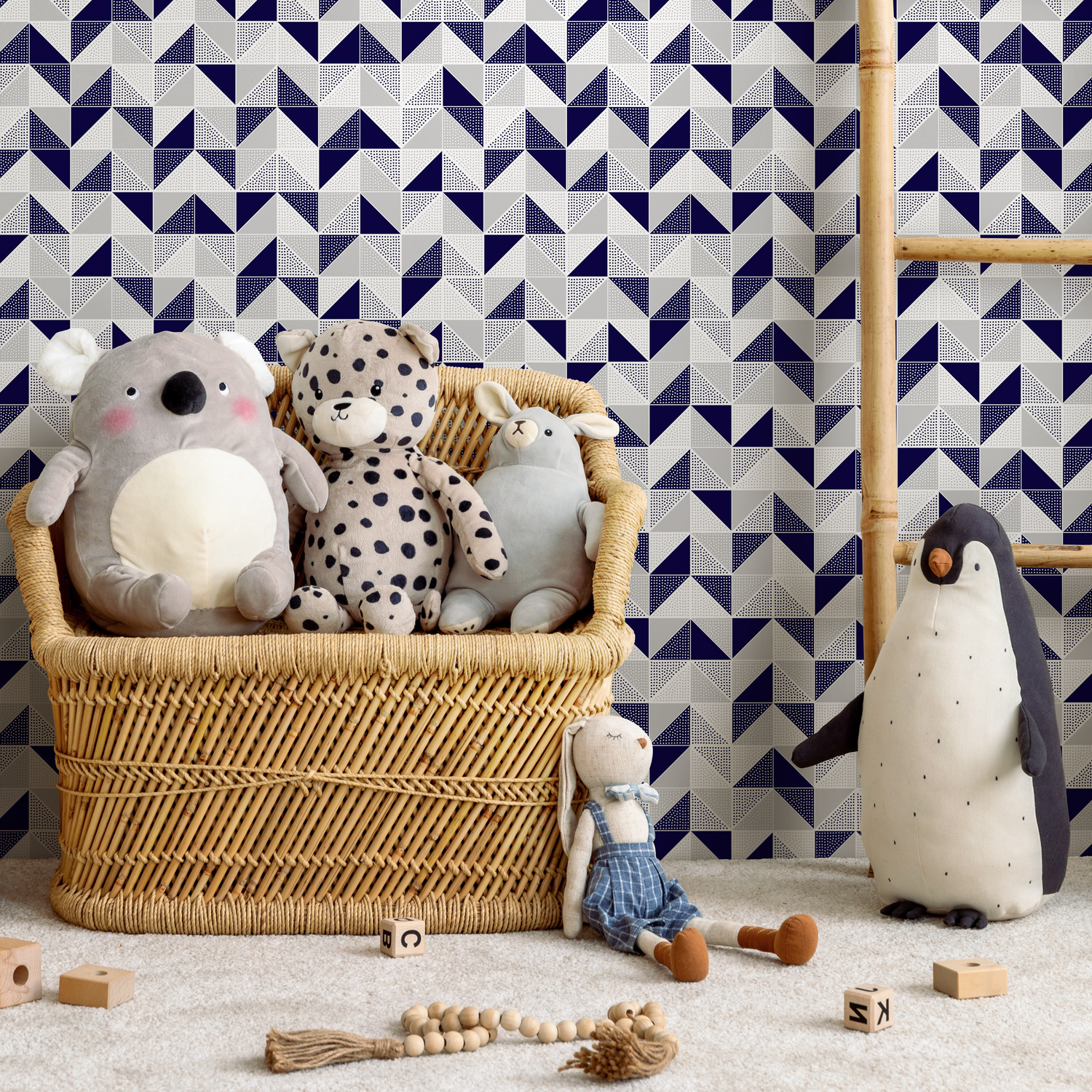 Geometric Wallpaper with Dotted Triangles in Navy Blue, Grey, and White - A638