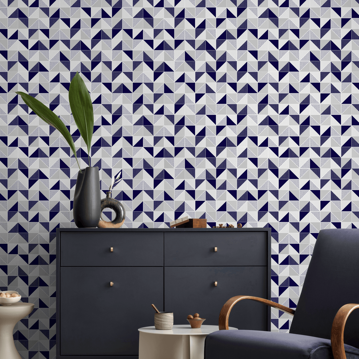 Geometric Wallpaper with Dotted Triangles in Navy Blue, Grey, and White - detail view