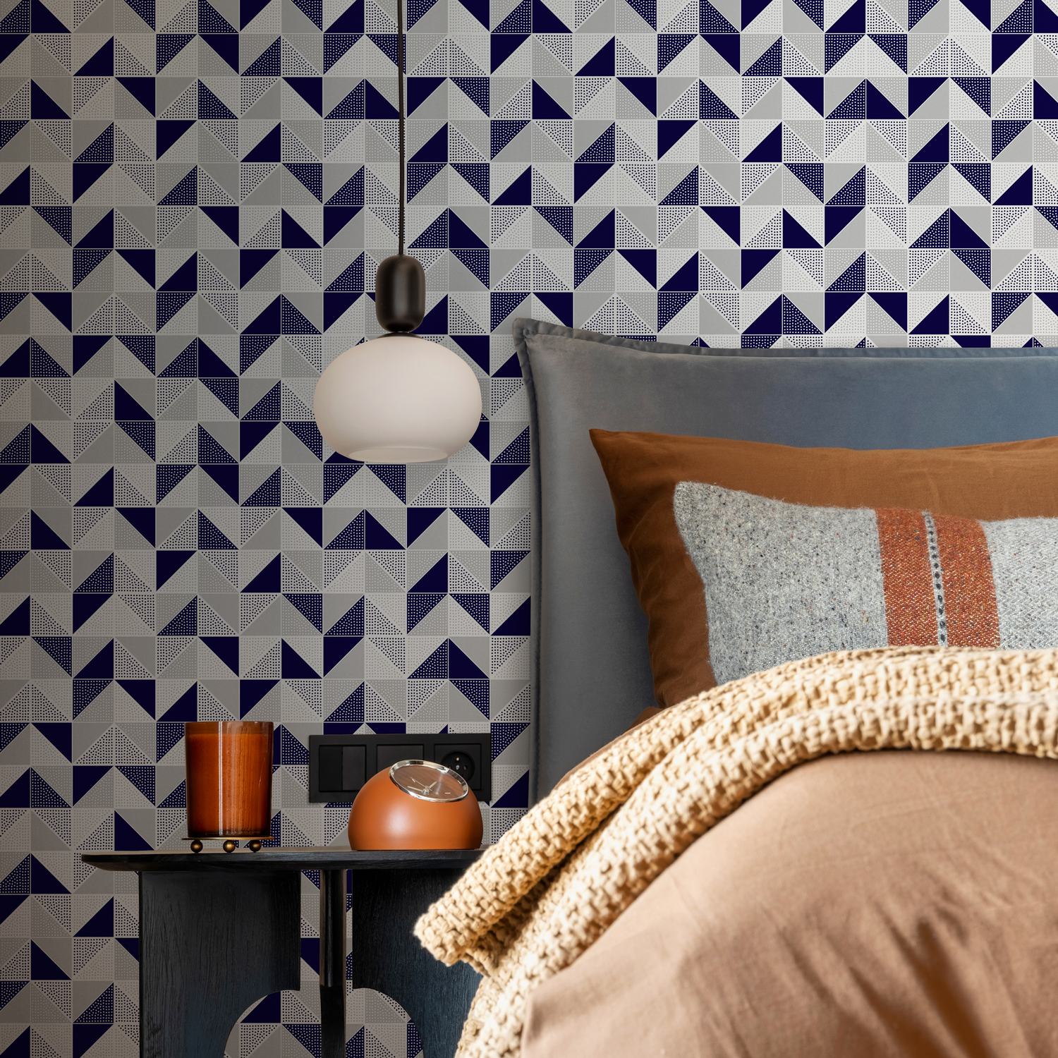 Geometric Wallpaper with Dotted Triangles in Navy Blue, Grey, and White - A638