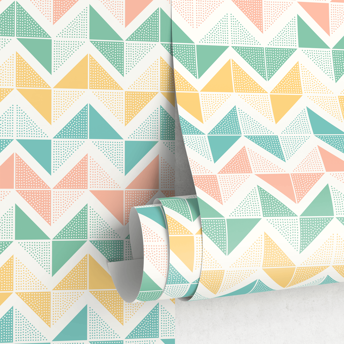 Geometric Wallpaper with Dotted Triangles in Pink, Yellow, and Teal - detail view