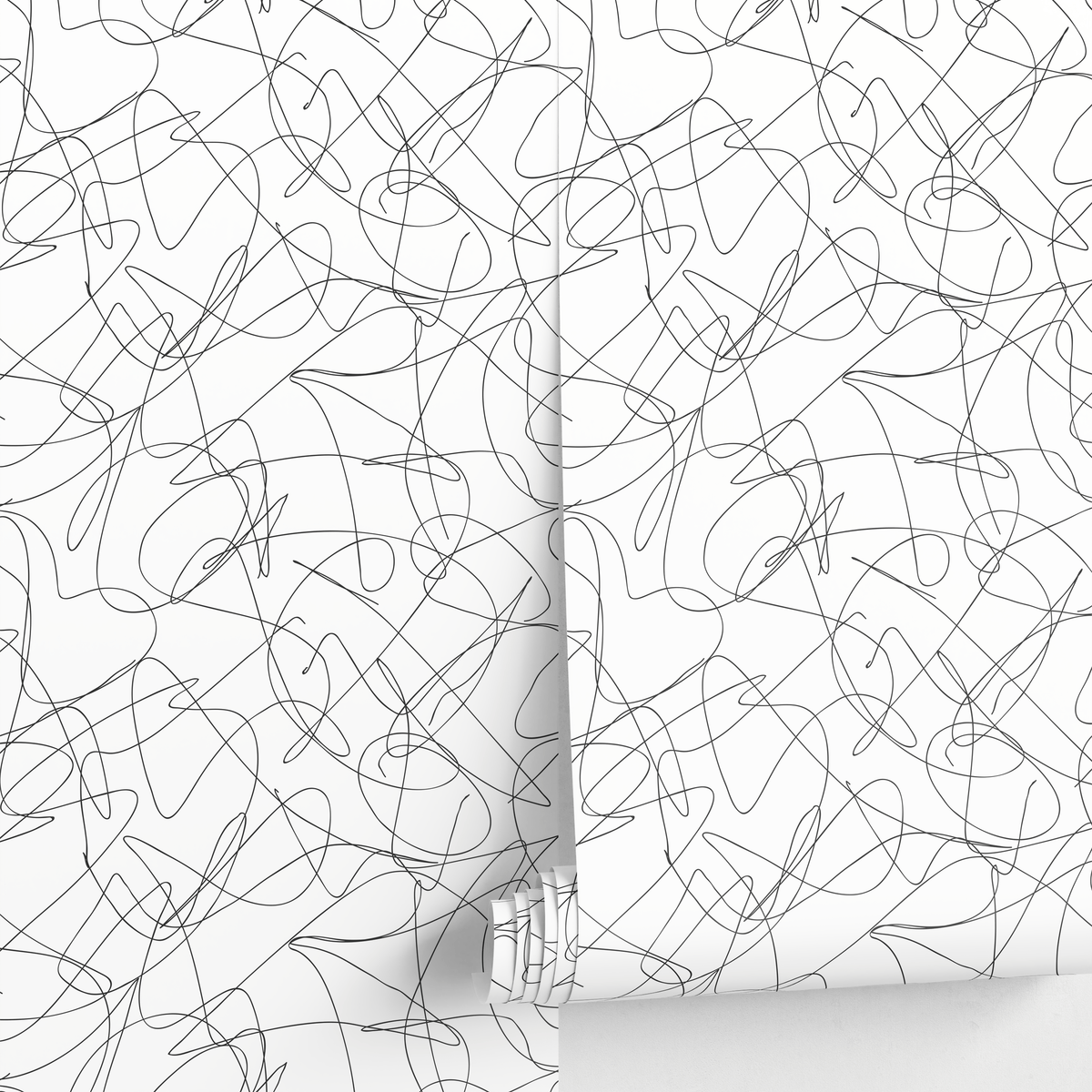 Abstract Wallpaper Featuring a Scribble Line Motif in Black and White - detail view