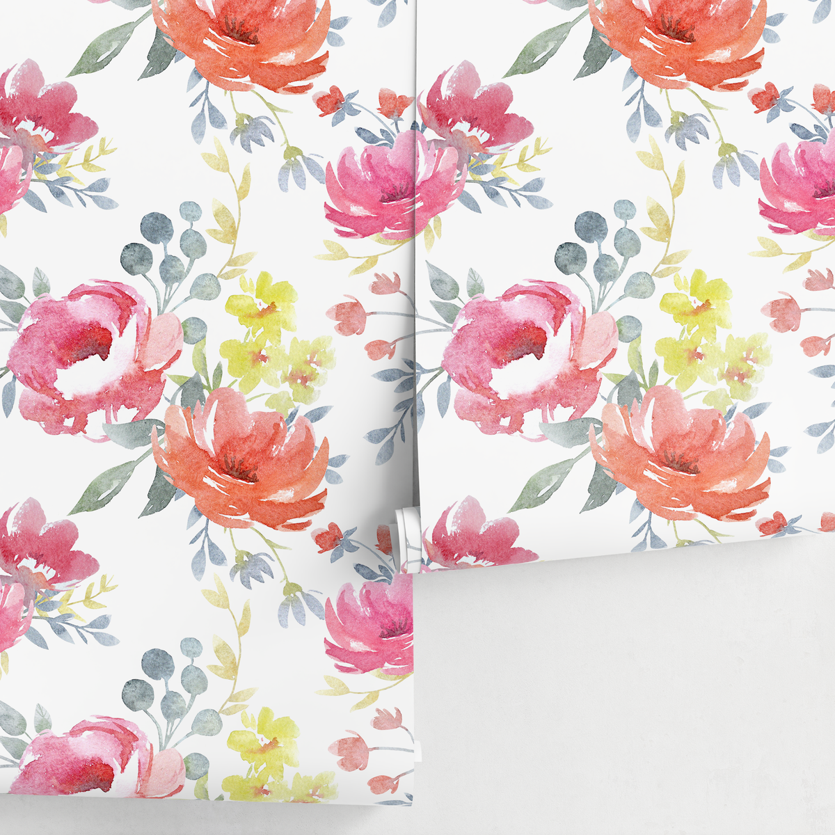 Floral Wallpaper with a Watercolor Peony Motif in Pink, Orange, and Blue - detail view