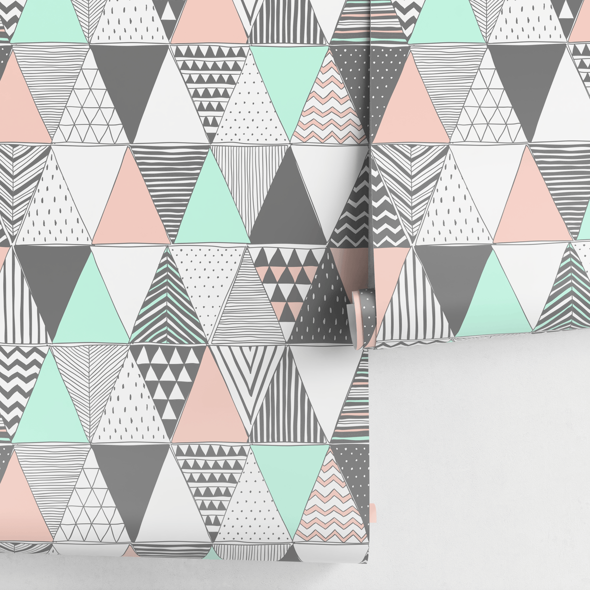 Geometric Wallpaper with a Scandinavian Triangle Pattern in Mint, Pink, and Gray - detail view