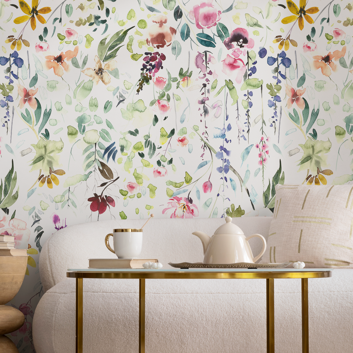 Watercolor Wallpaper with a Floral Meadow in Pink, Green, and Yellow - detail view