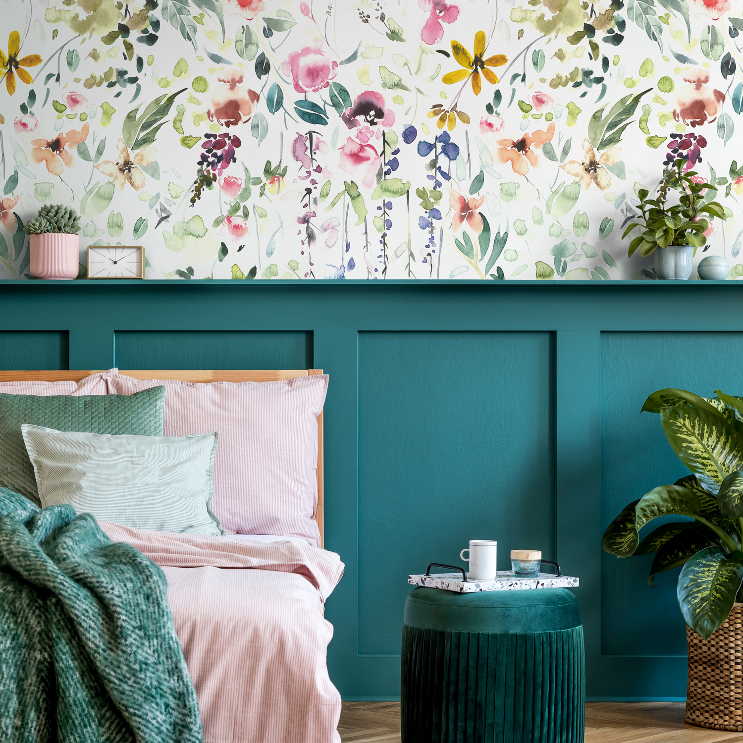 Watercolor Wallpaper with a Floral Meadow in Pink, Green, and Yellow - A648