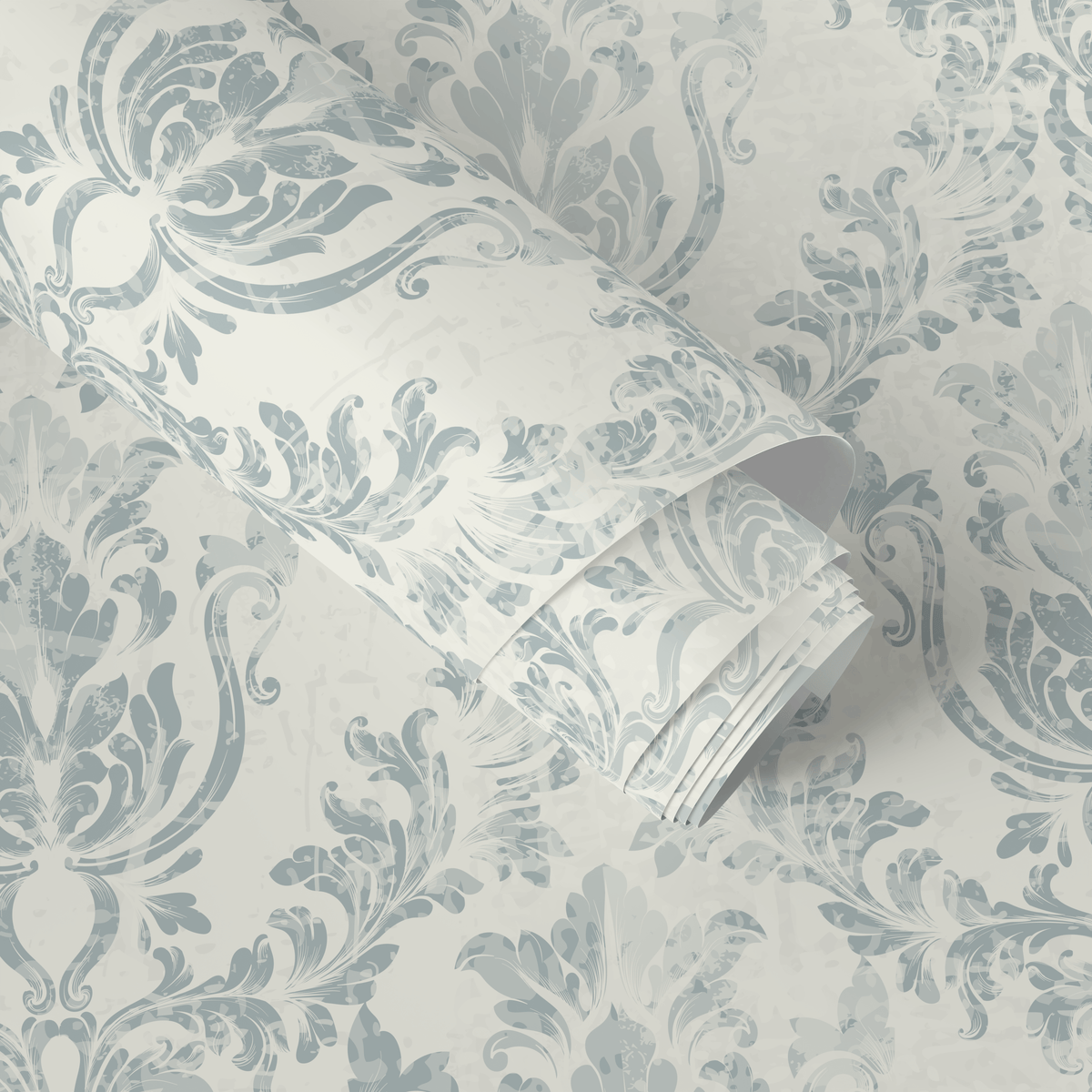 Damask Wallpaper with a Distressed Motif in Blue and Cream - detail view