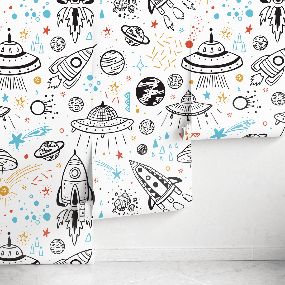Space Wallpaper with Hand-Drawn Rockets and Planets in Black, Blue, and Red - detail view