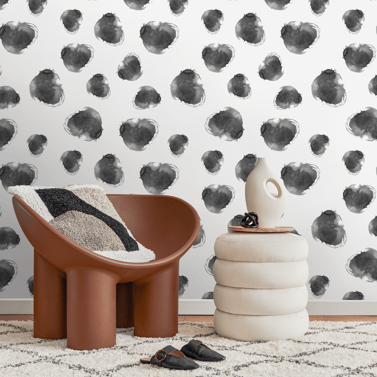 Abstract Wallpaper with Ink Wash Dots in Black and White - detail view