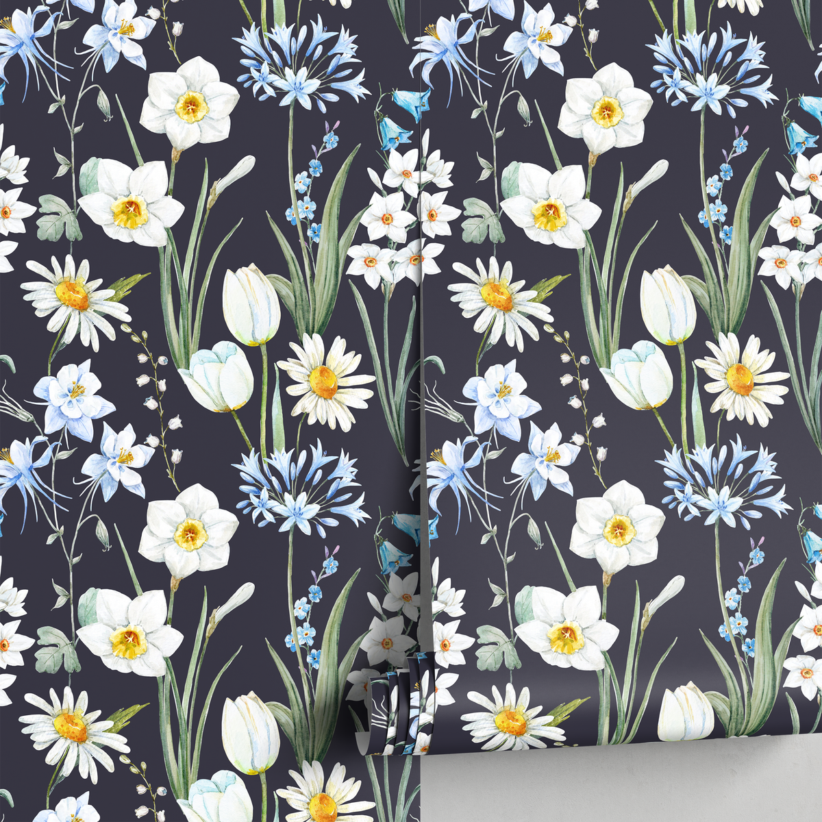 Botanical Wallpaper with a Wildflower Meadow in Dark Blue, White, and Yellow - detail view