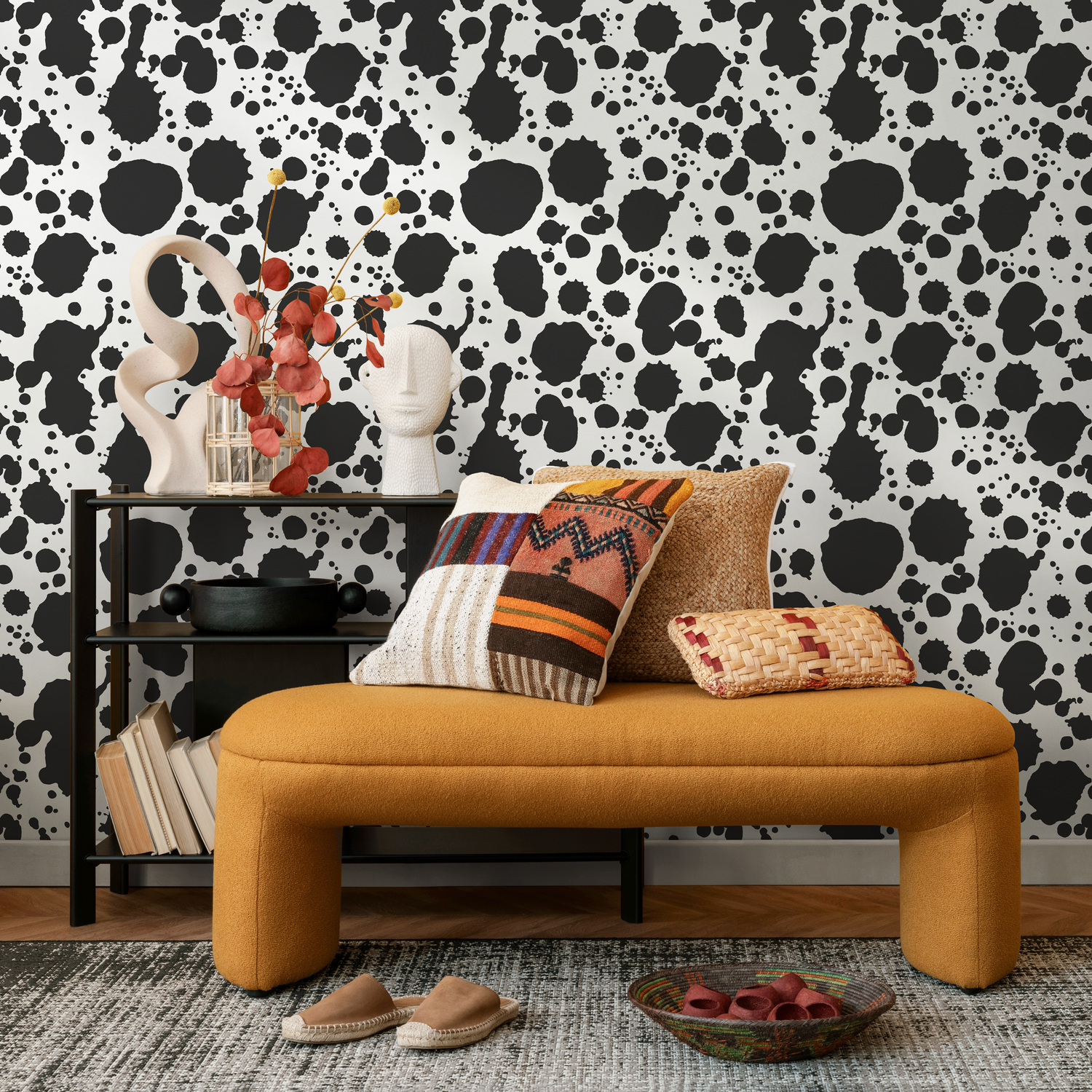 Abstract Wallpaper with an Ink Splatter Motif in Black and White - A665
