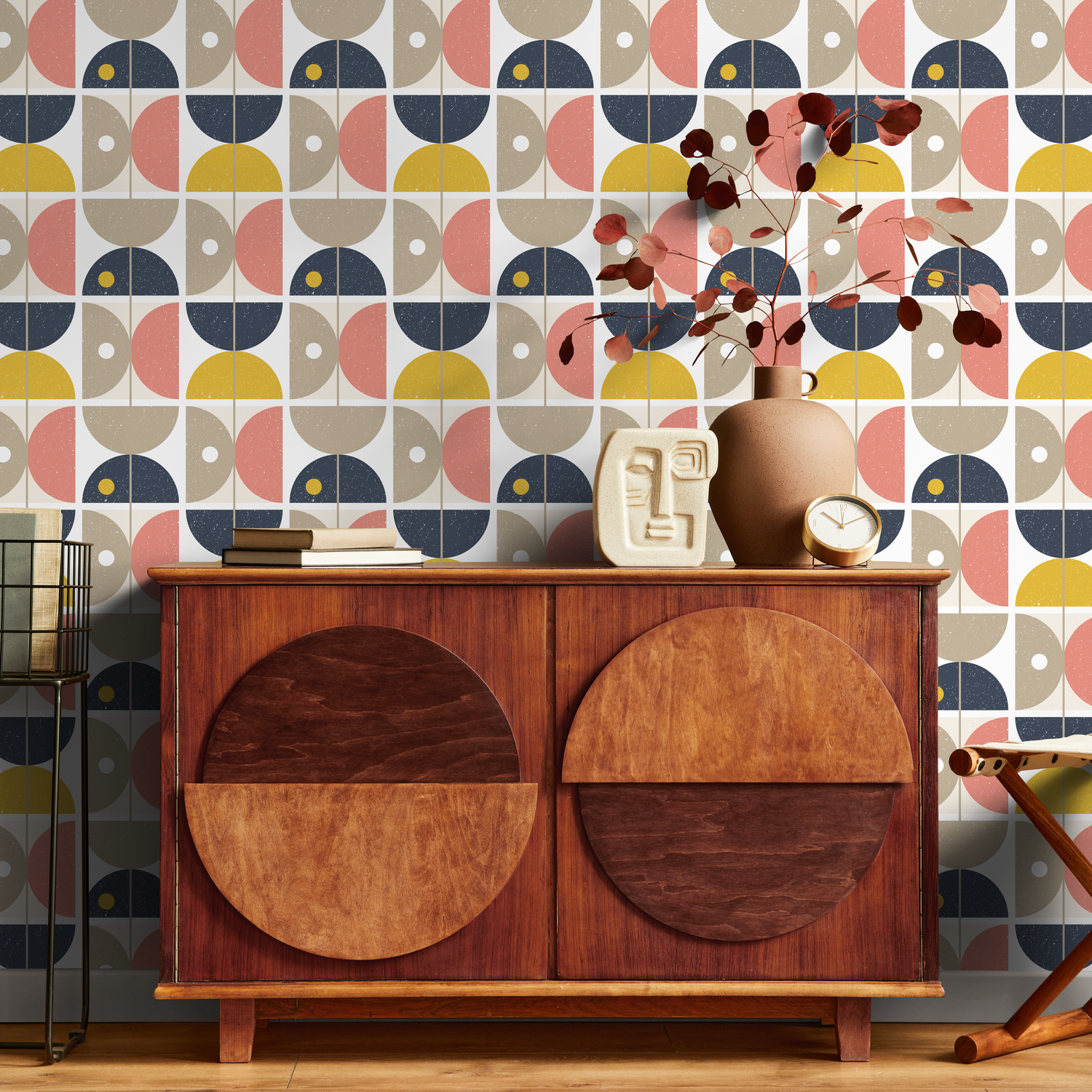 Geometric Wallpaper with Retro Semi-Circles in Blue, Yellow, and Pink - A666