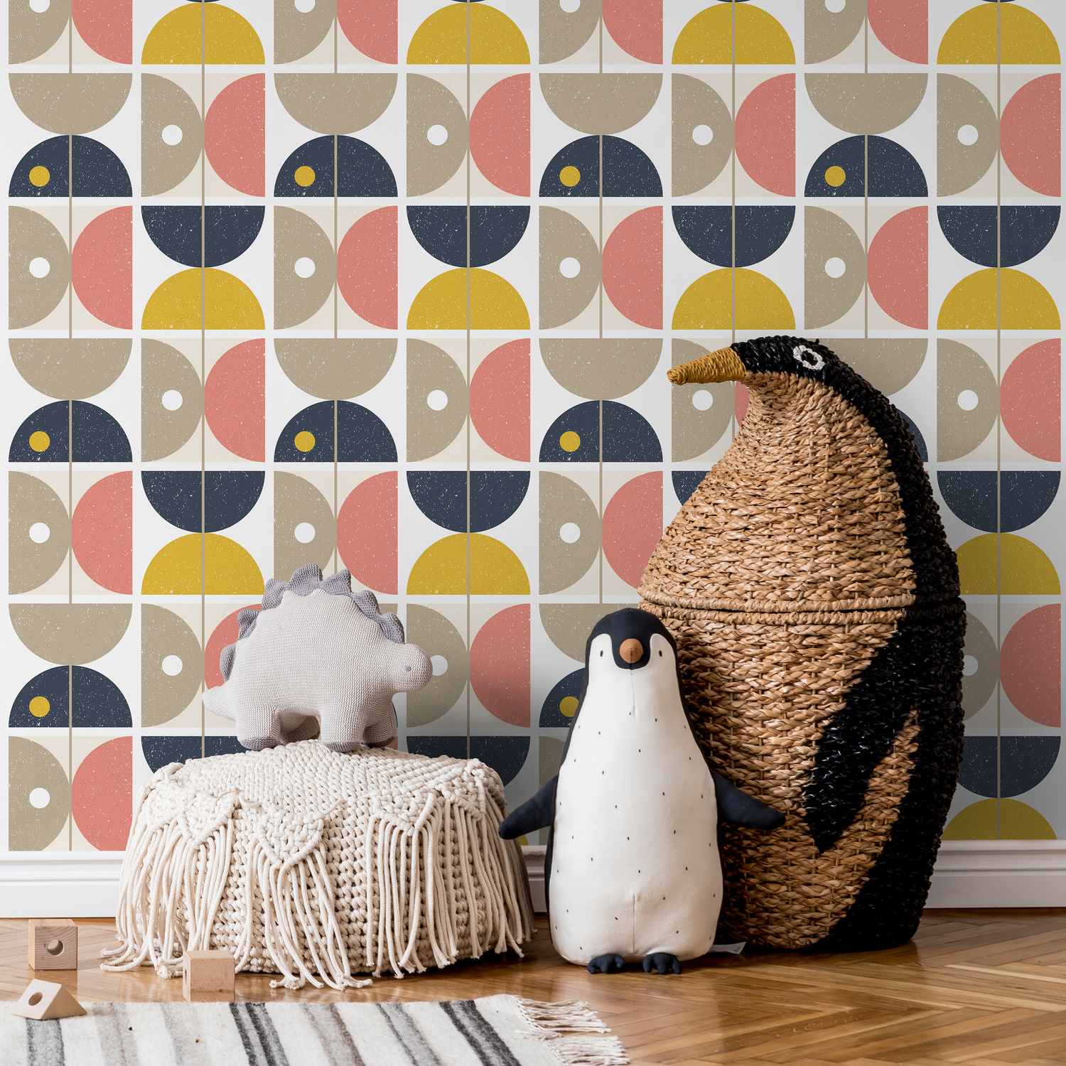 Geometric Wallpaper with Retro Semi-Circles in Blue, Yellow, and Pink - A666