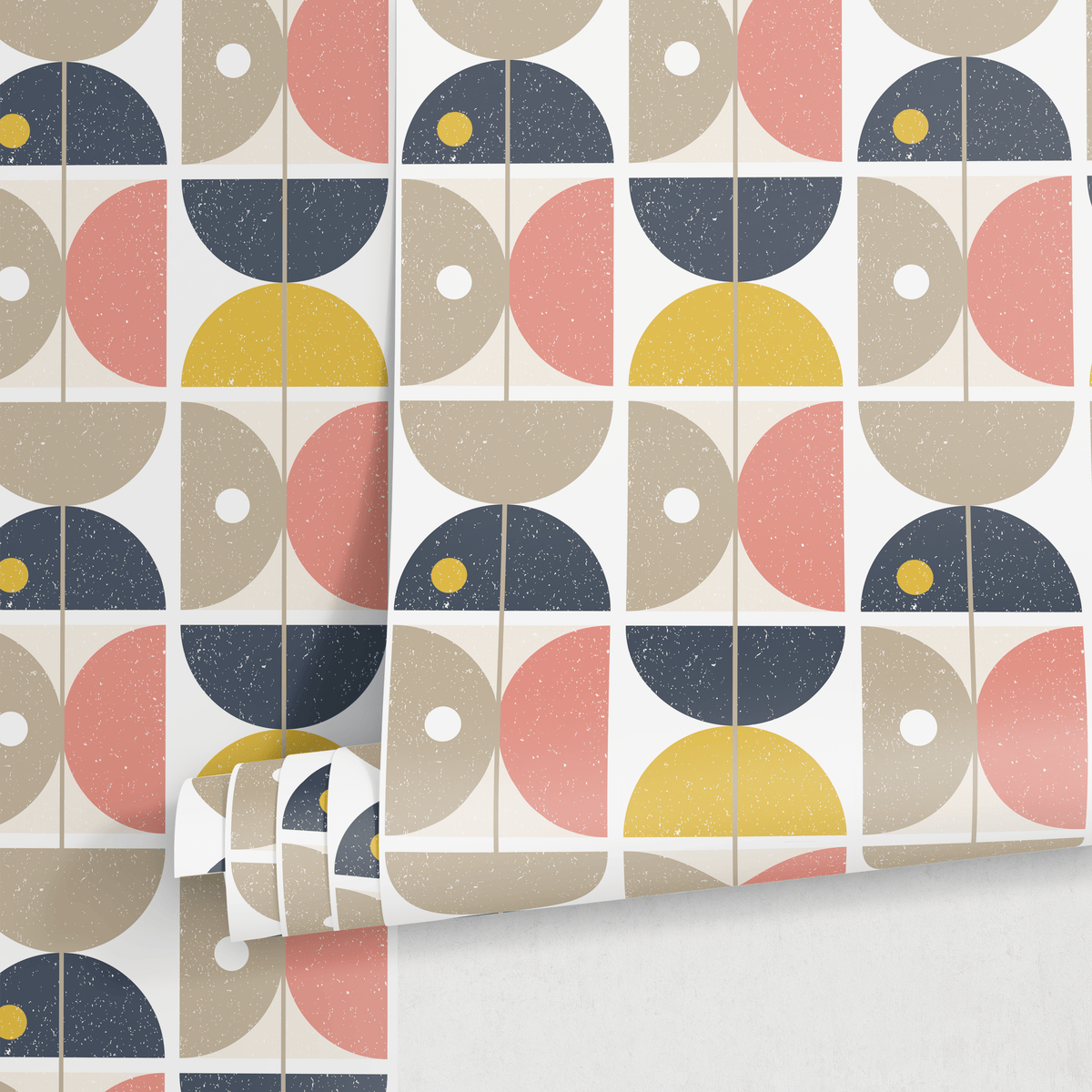 Geometric Wallpaper with Retro Semi-Circles in Blue, Yellow, and Pink - detail view