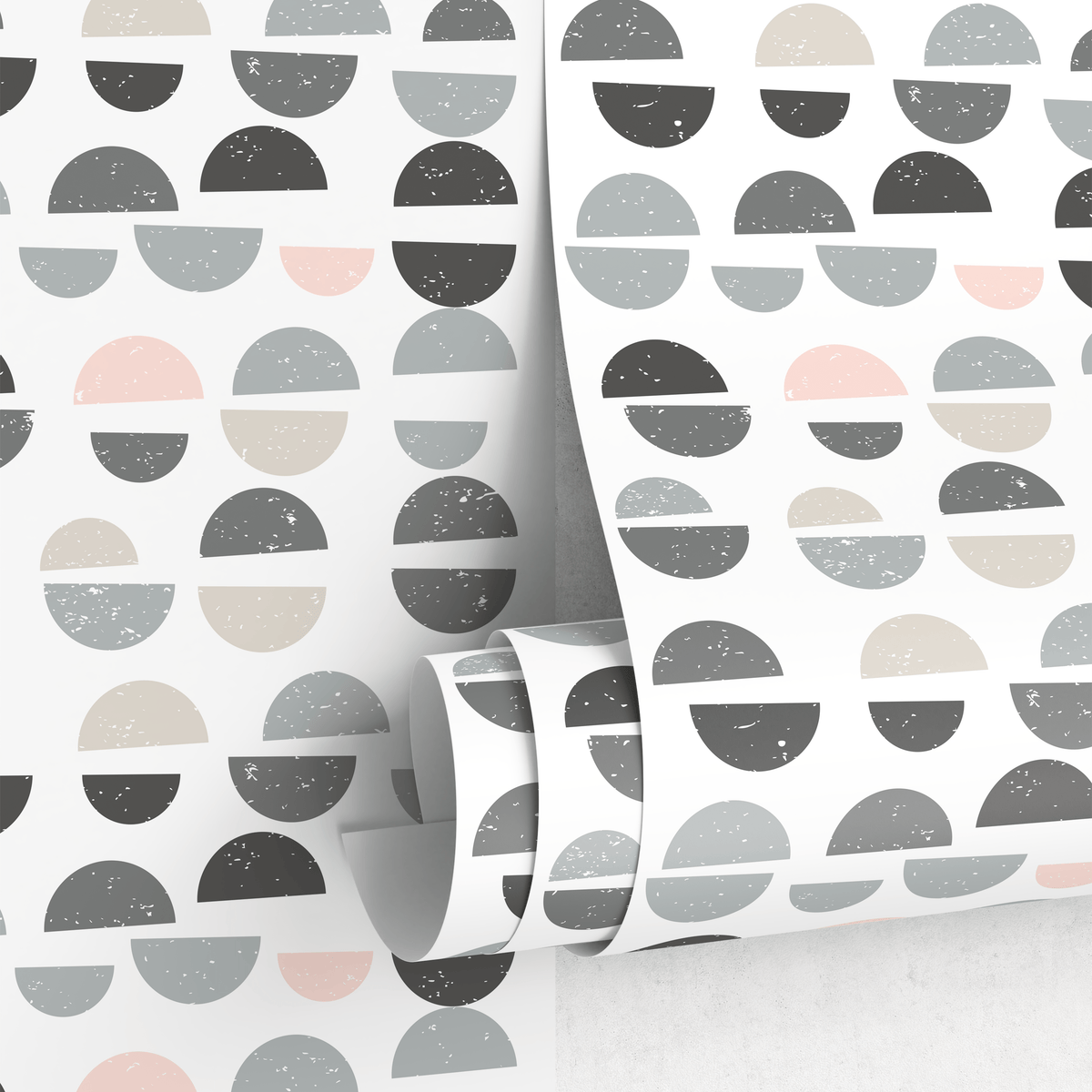 Geometric Wallpaper with Distressed Semi-Circles in Gray, Pink, and Beige - detail view