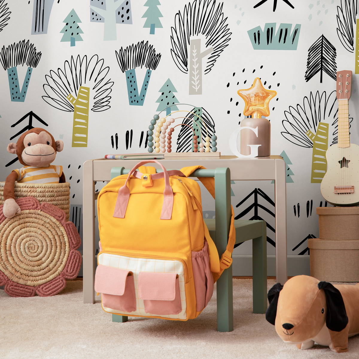 Scandinavian Wallpaper with a Stylized Forest in Black, Green, and Blue - detail view