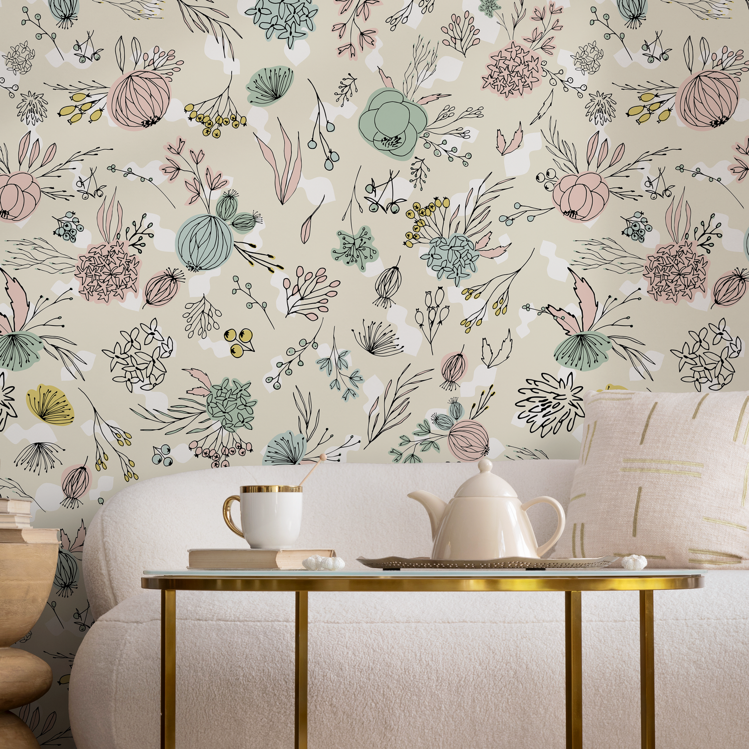 Floral Wallpaper with a Whimsical Hand-Drawn Motif in Pink, Teal, and Yellow - A677