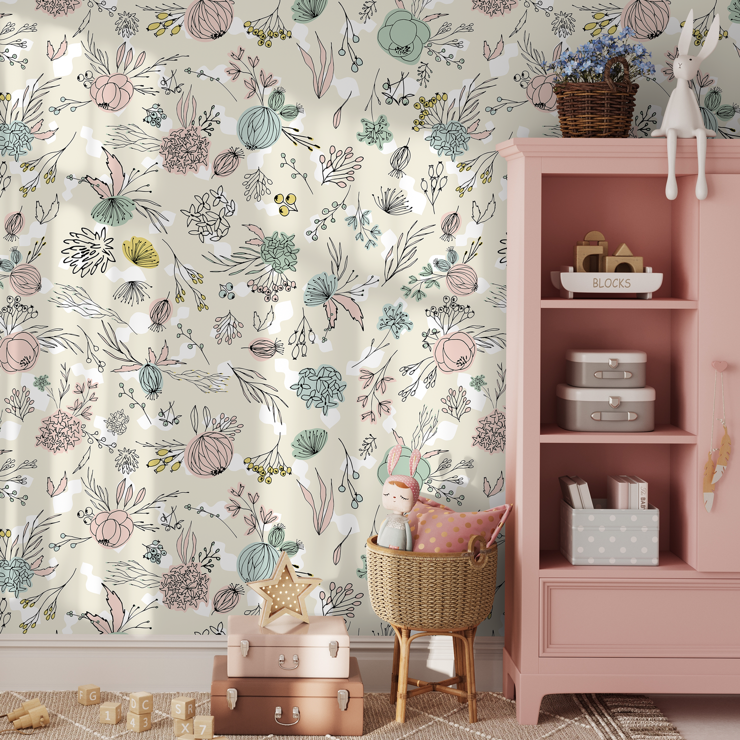 Floral Wallpaper with a Whimsical Hand-Drawn Motif in Pink, Teal, and Yellow - A677