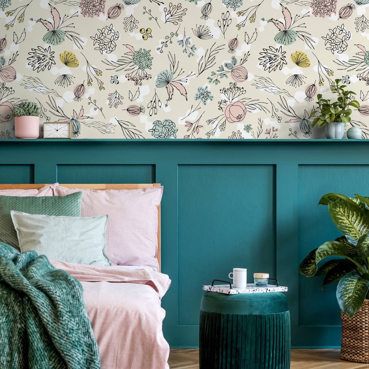 Floral Wallpaper with a Whimsical Hand-Drawn Motif in Pink, Teal, and Yellow - detail view