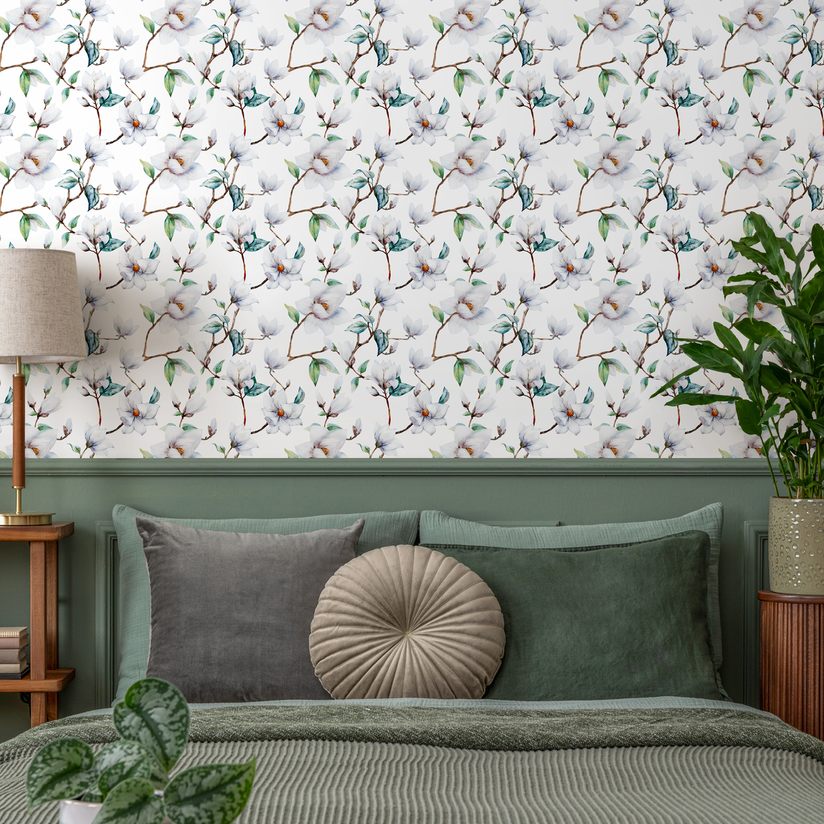 Floral Wallpaper with a Watercolor Magnolia Motif in White, Green, and Brown - detail view