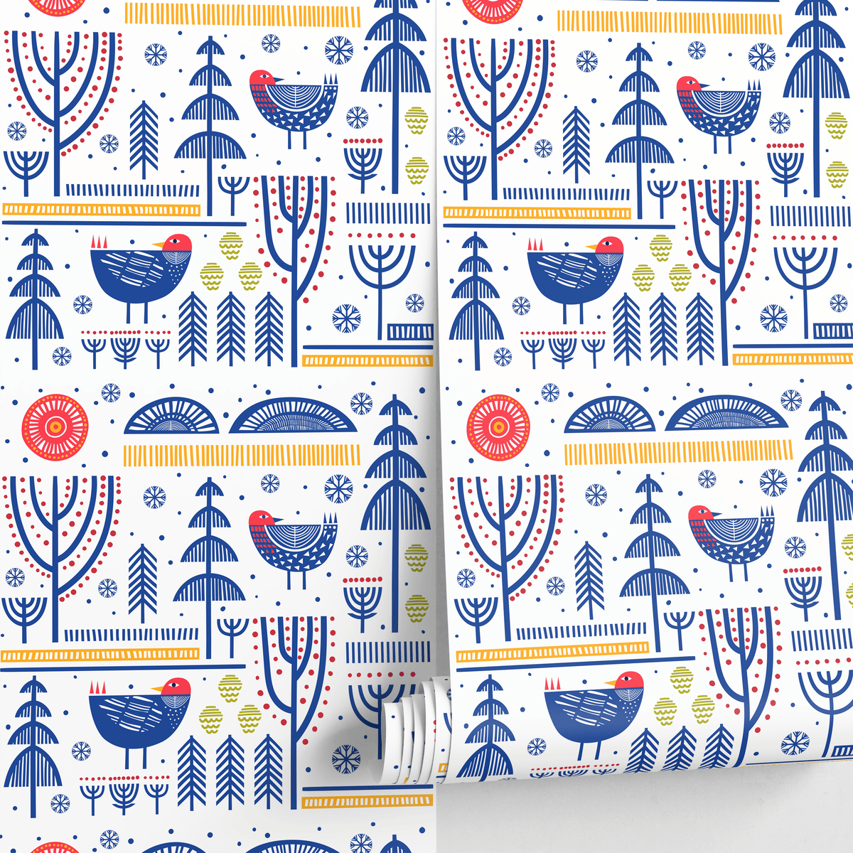 Folk Art Wallpaper with Stylized Birds and Trees in Blue, Red, and Yellow - detail view