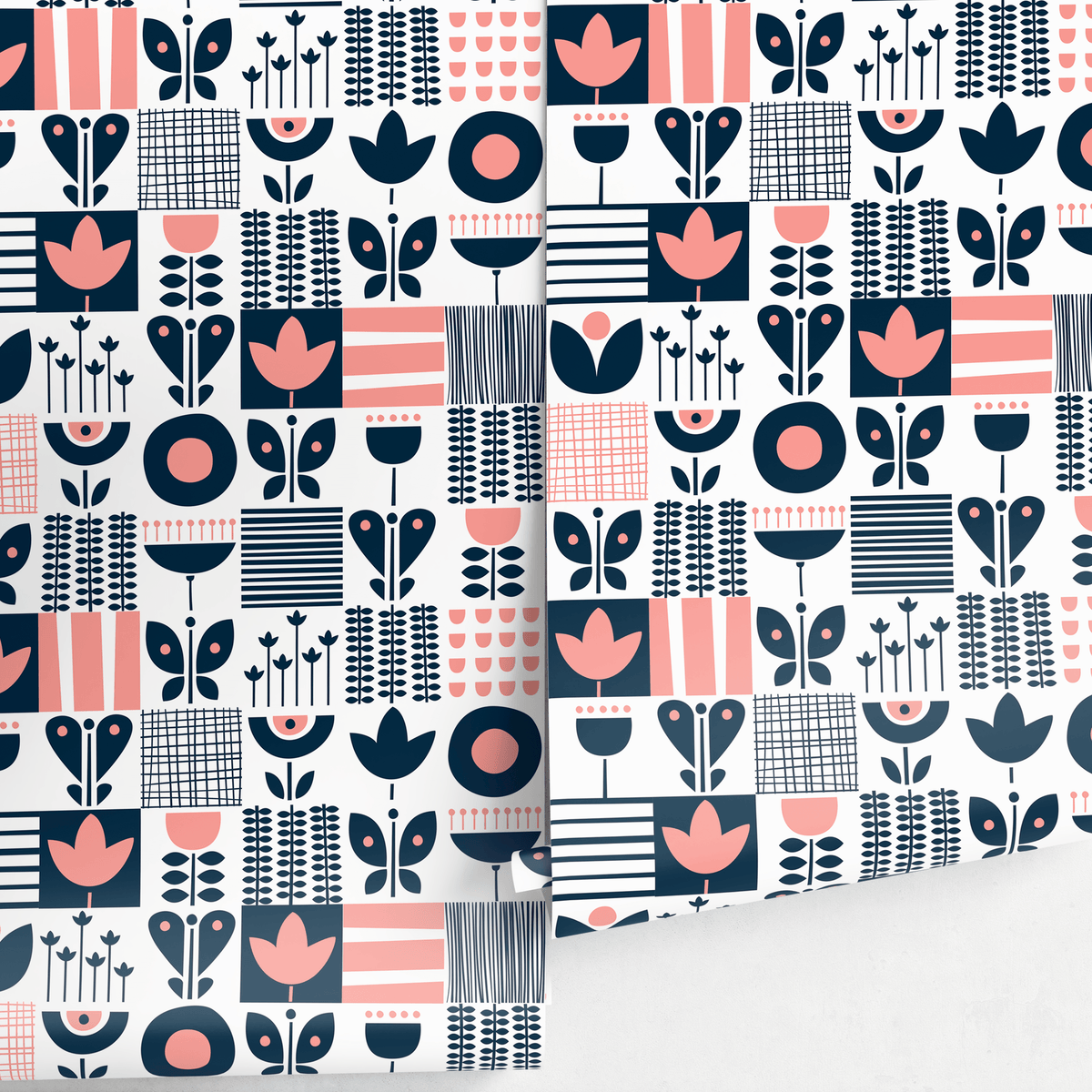 Floral Wallpaper with a Folk Art Patchwork in Navy Blue and Pink - detail view