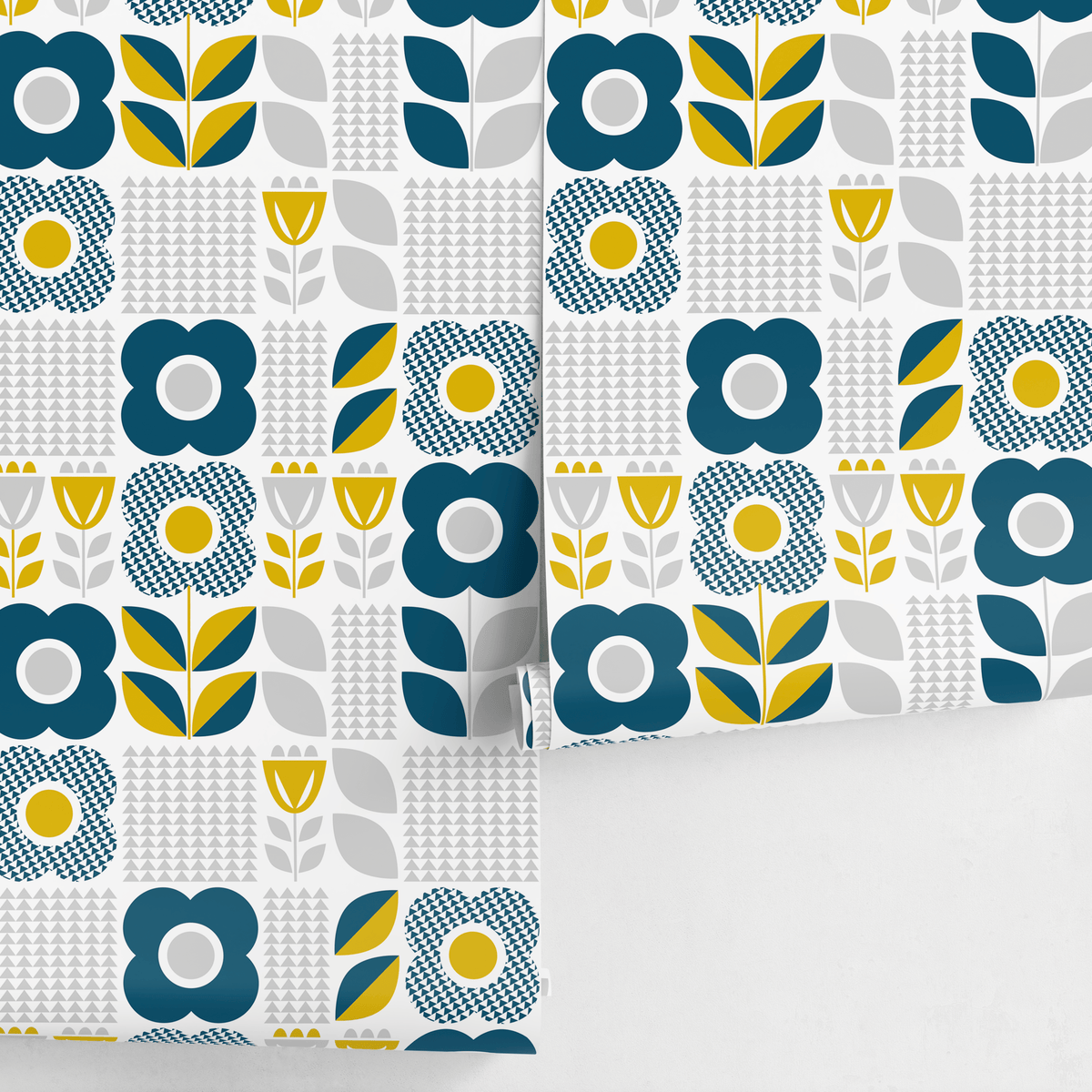 Retro Wallpaper with Block Flowers in Teal, Yellow, and Gray - detail view