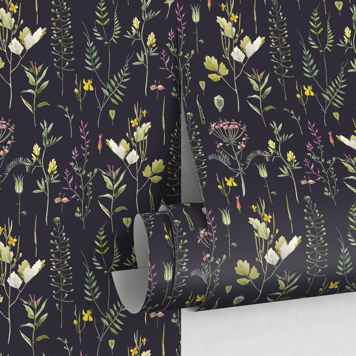 Botanical Wallpaper with a Vintage Wildflower Motif in Black, Green, and Yellow - detail view