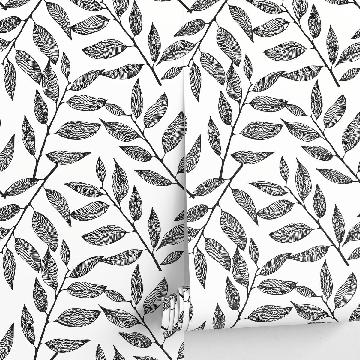 Botanical Wallpaper with a Climbing Vine Motif in Black and White - detail view