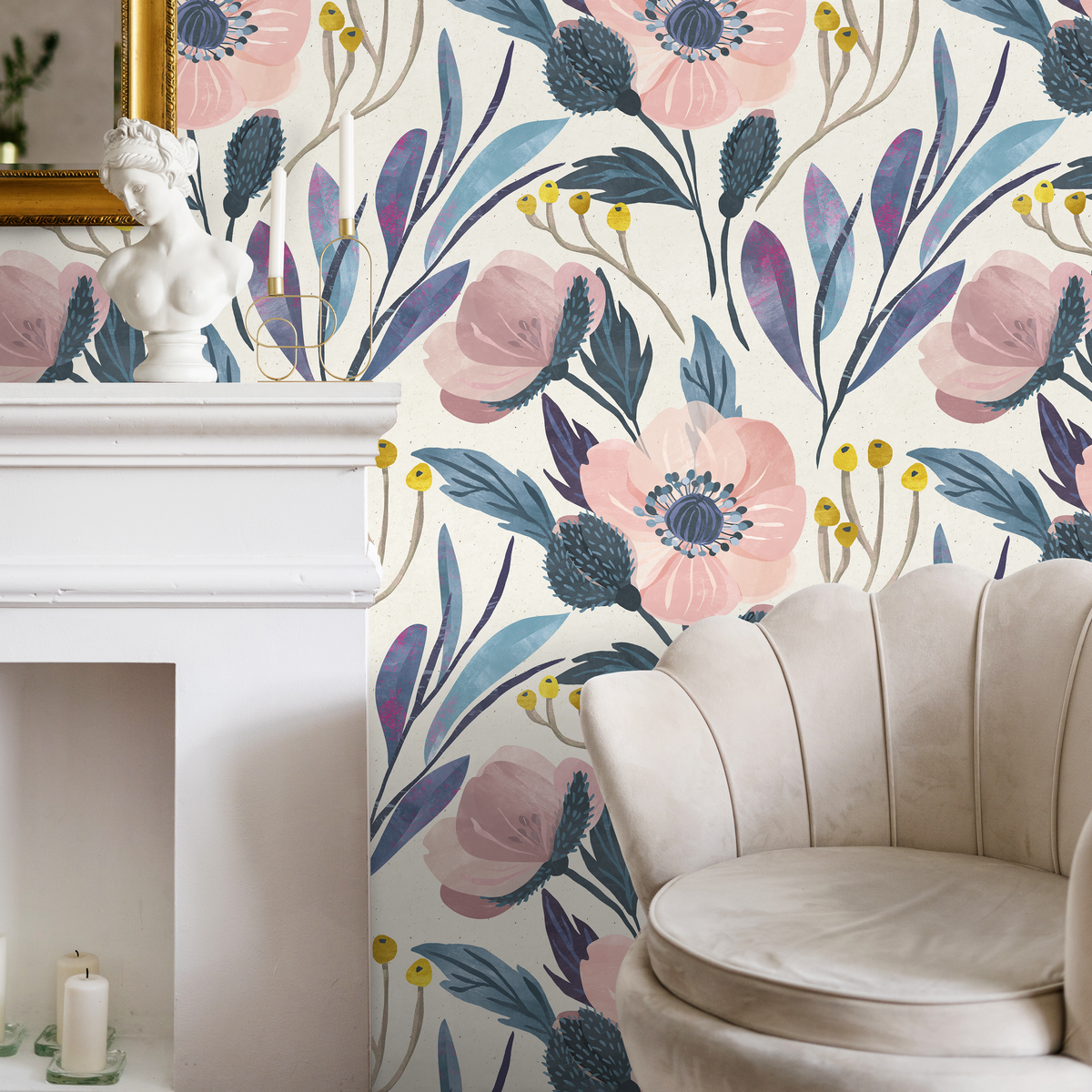 Floral Wallpaper with Painted Anemones in Pink, Blue, and Yellow - detail view