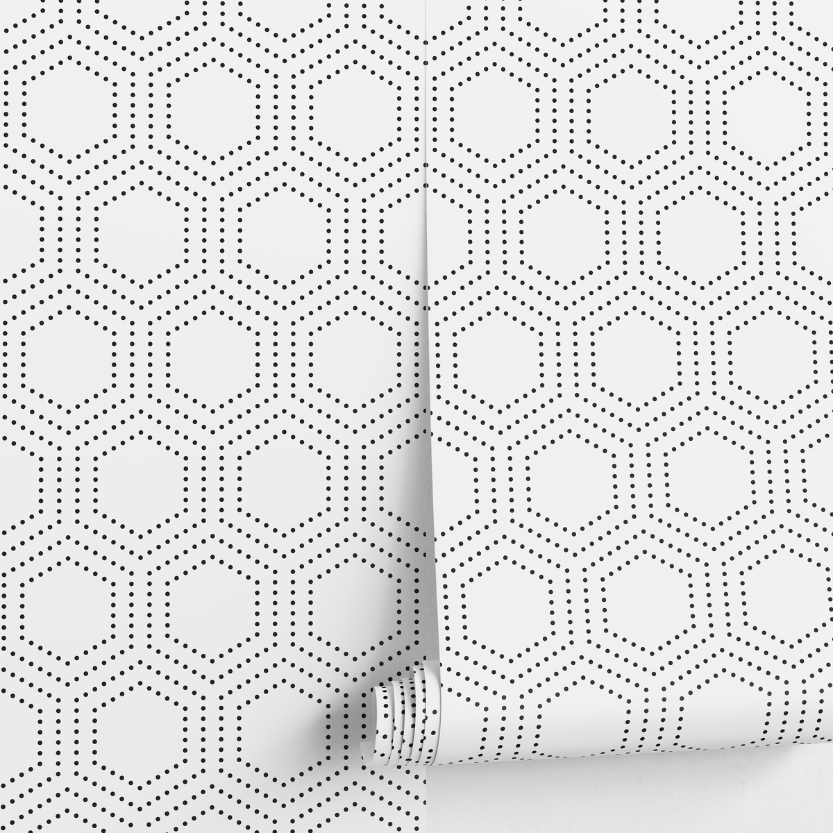 Minimalist Dotted Hexagon Geometric Wallpaper in Black - detail view
