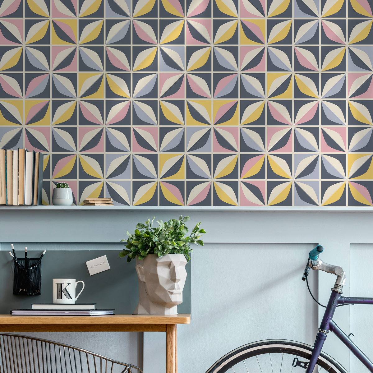 Geometric Wallpaper with a Tiled Petal Motif in Blue, Yellow, and Pink - detail view