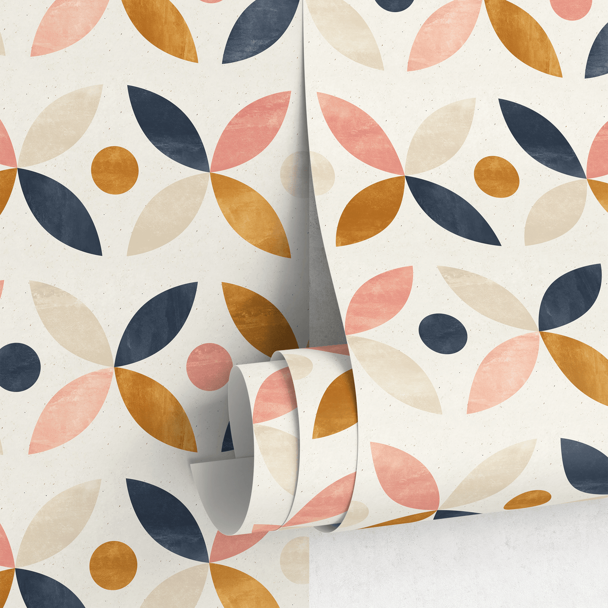 Geometric Wallpaper with an Interlocking Petal Motif in Navy Blue, Pink, and Mustard - detail view