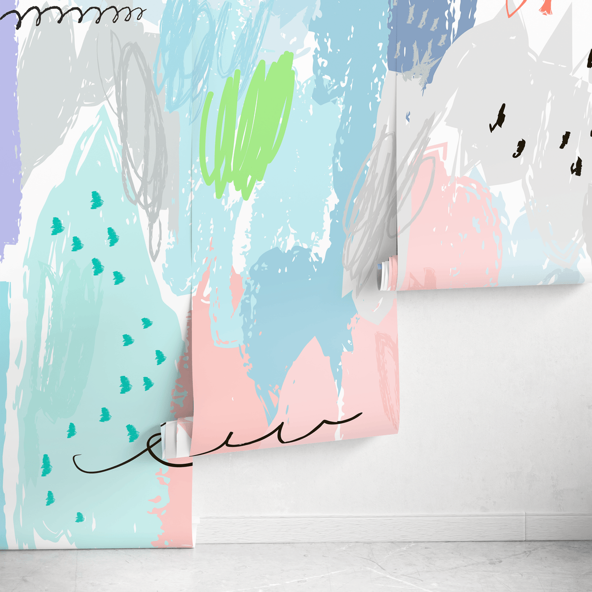 Abstract Wallpaper with Colorful Scribbles in Blue, Yellow, and Pink - detail view