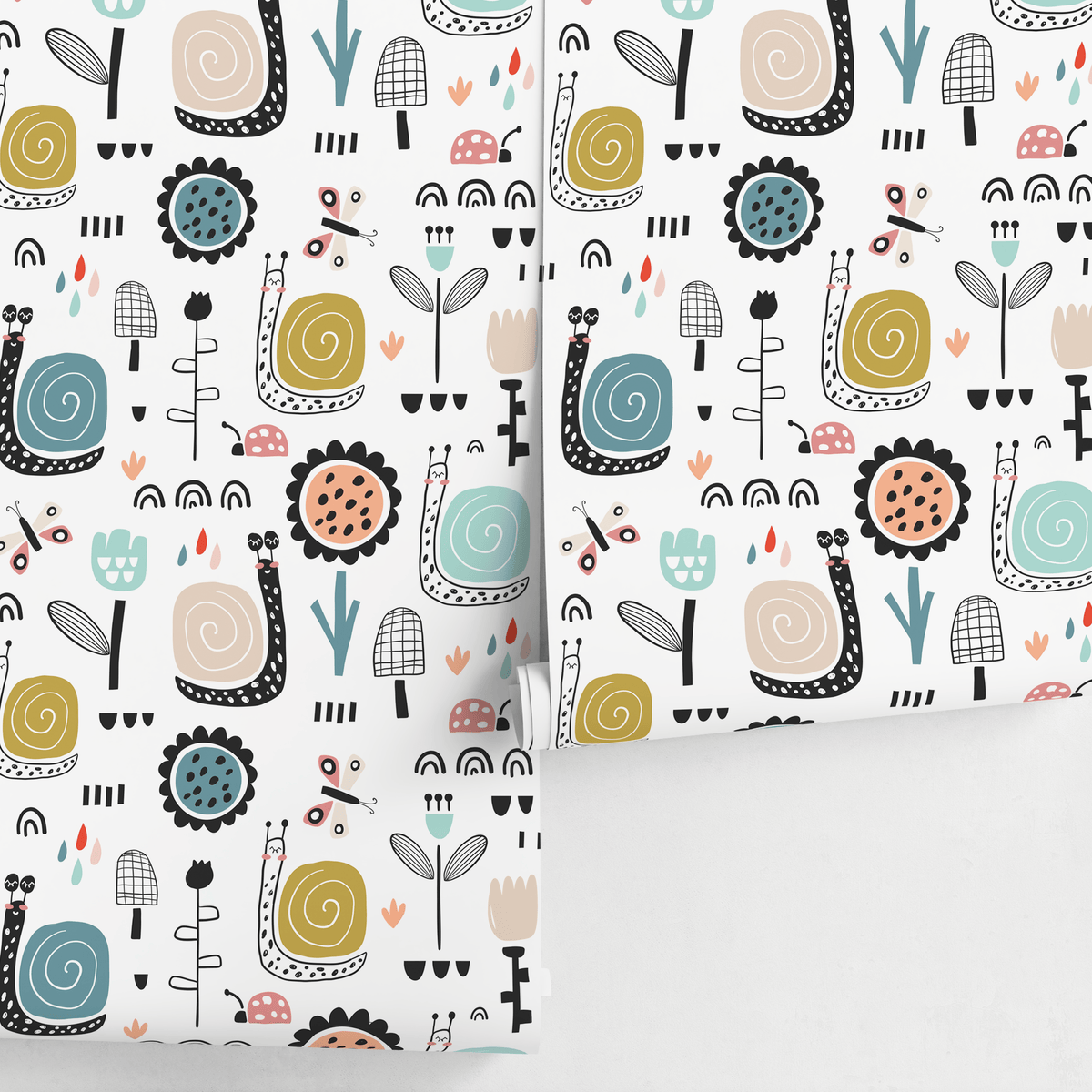Kids Wallpaper with Whimsical Snails and Florals in Blue, Gold, and Pink - detail view