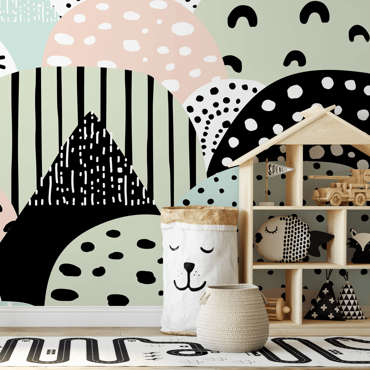 Abstract Wallpaper with Playful Shapes and Patterns in Black, Green, and Pink - detail view