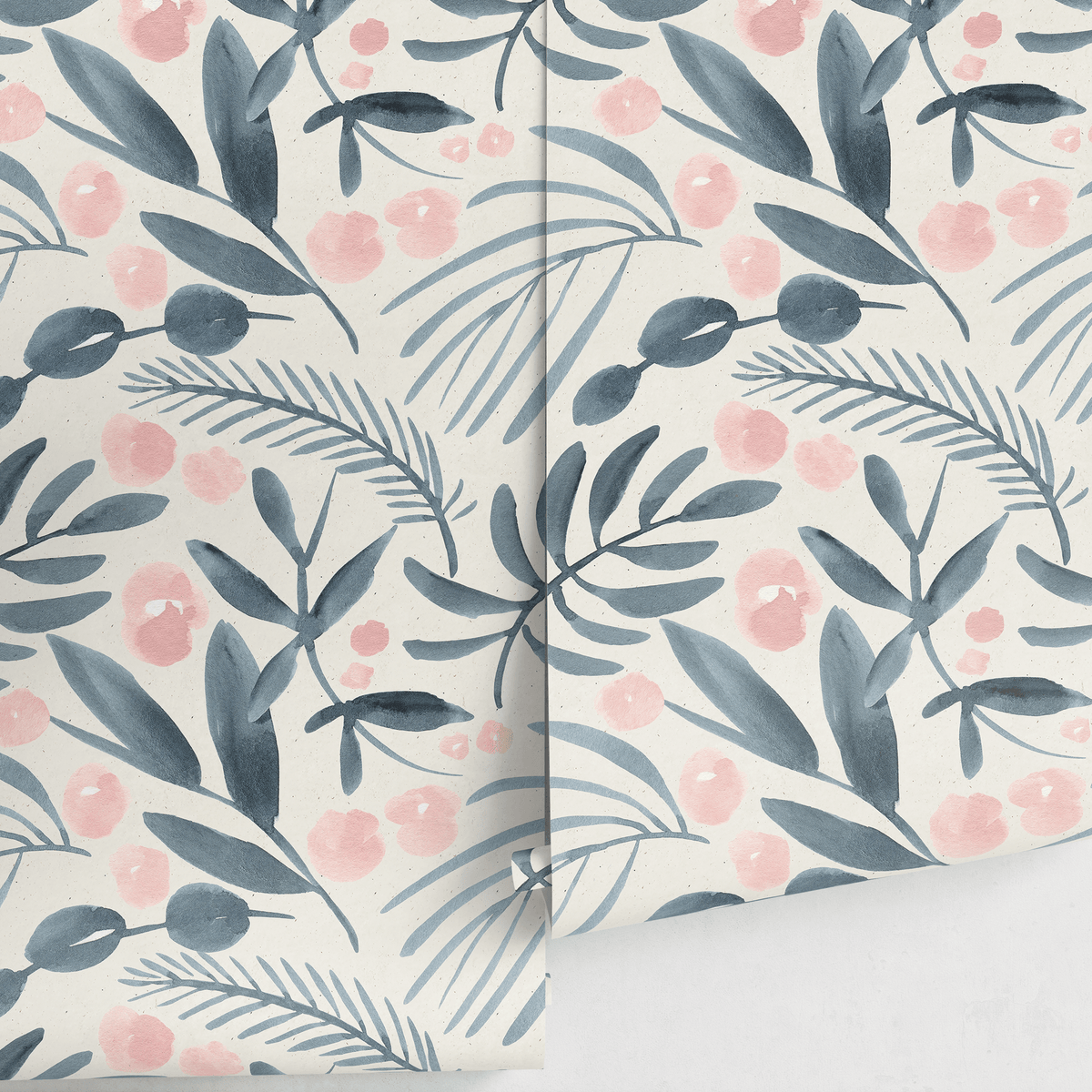 Scandinavian Wallpaper with Painted Leaves and Flowers in Blue and Pink - detail view