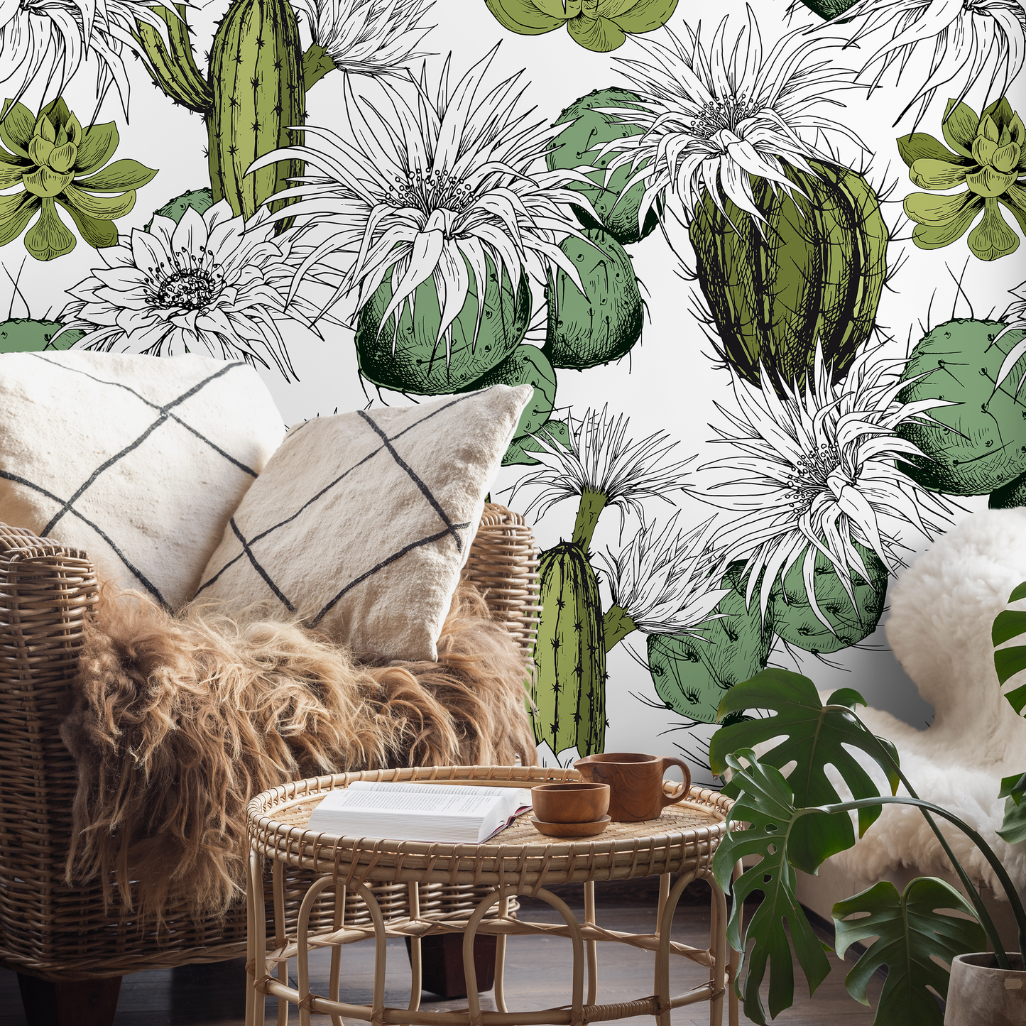 Floral Cactus Wallpaper Removable Wallpaper Peel and Stick Wallpaper Wall Paper Wall Mural - Tropical Wallpaper - A753
