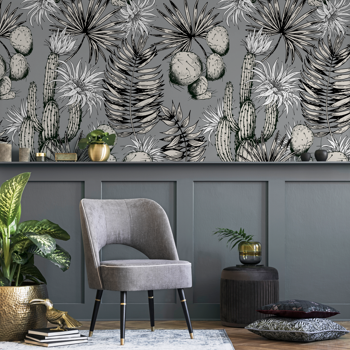 Botanical Wallpaper with a Cactus Illustration in Black, White, and Gray - detail view