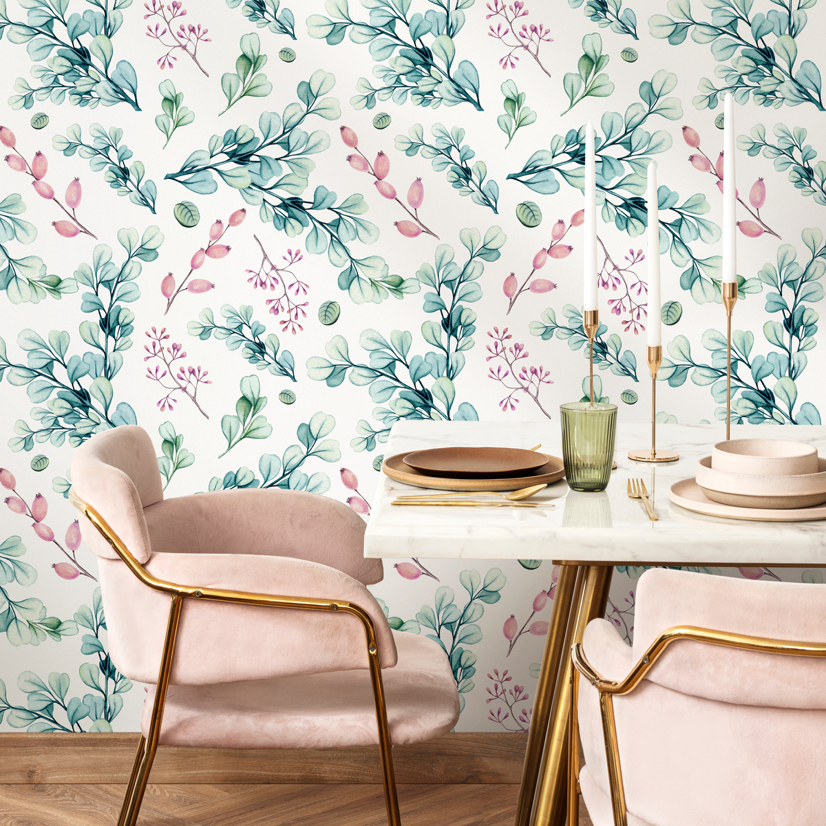 Botanical Wallpaper Featuring Watercolor Eucalyptus Leaves in Green and Pink - detail view