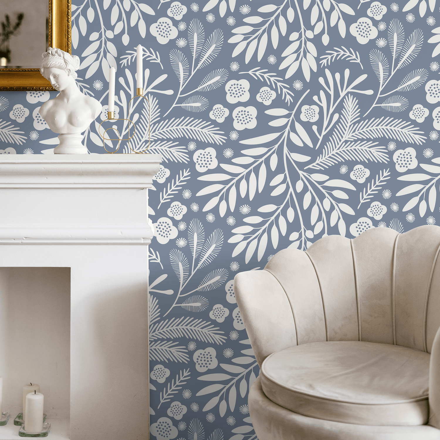 Scandinavian Wallpaper with Stylized Leaves and Blooms in Blue and White - A760