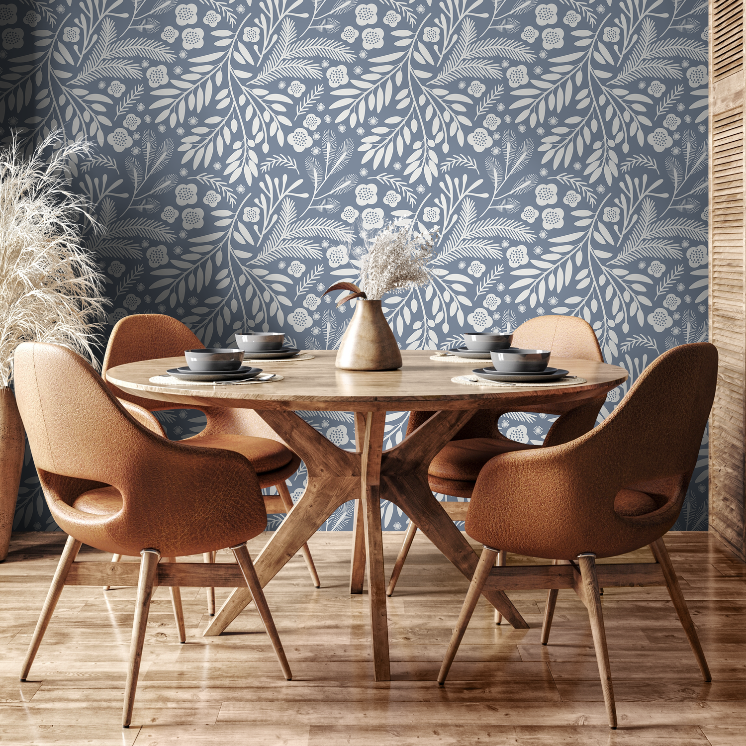 Scandinavian Wallpaper with Stylized Leaves and Blooms in Blue and White - A760