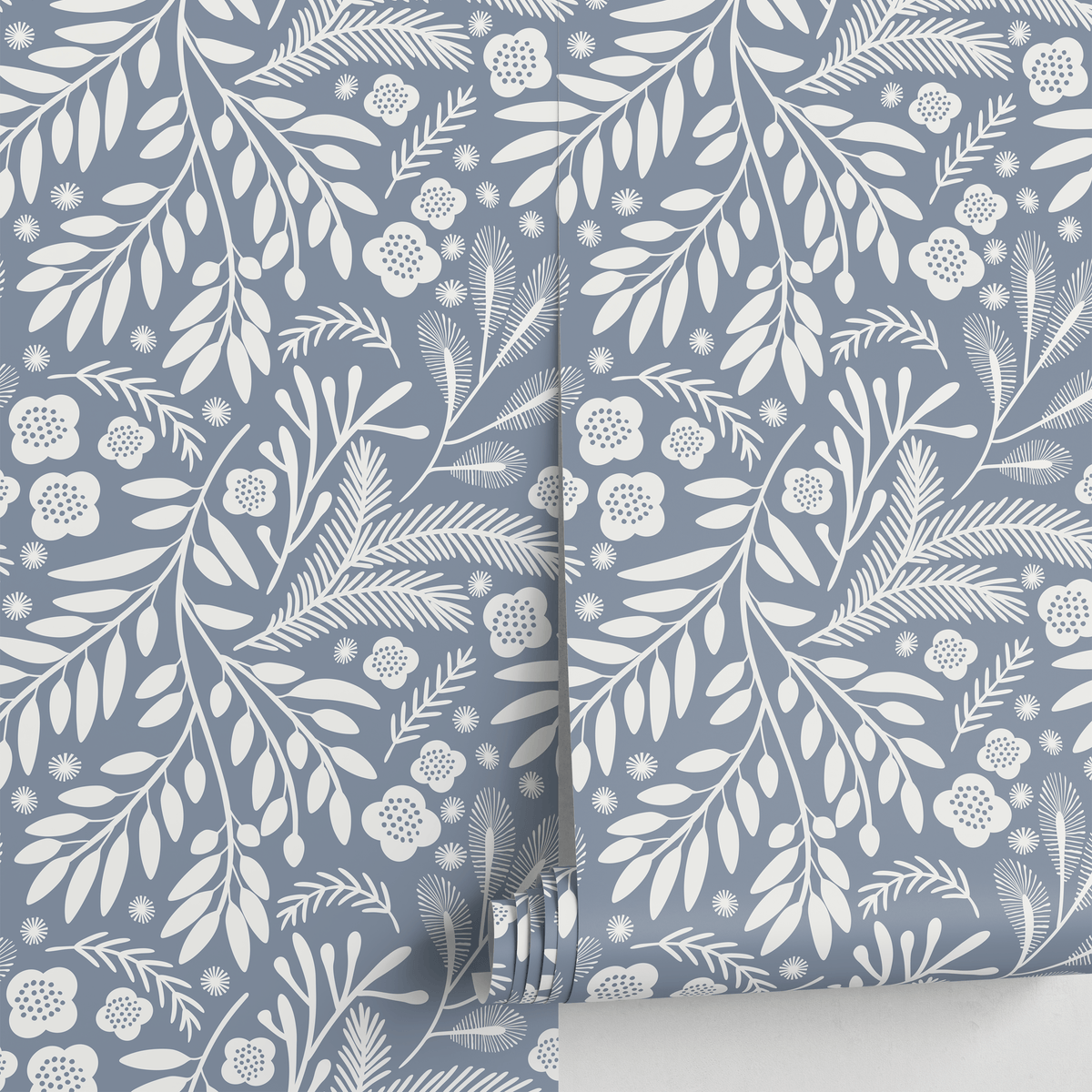 Scandinavian Wallpaper with Stylized Leaves and Blooms in Blue and White - detail view