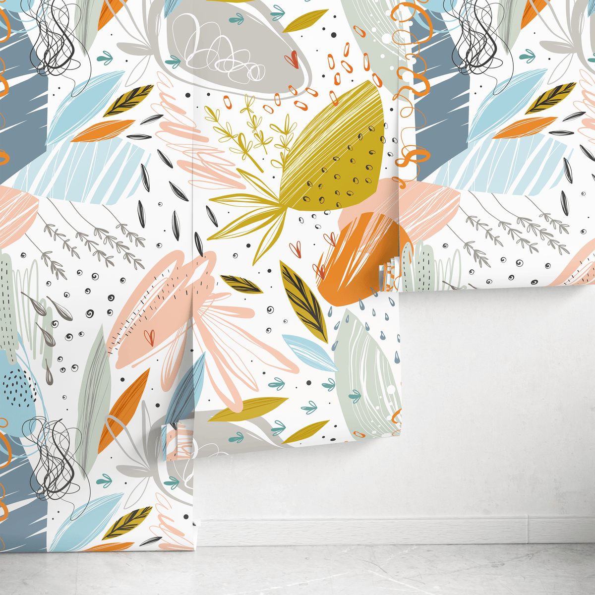 Scandinavian Wallpaper with an Abstract Botanical Collage in Orange, Blue, and Pink - detail view