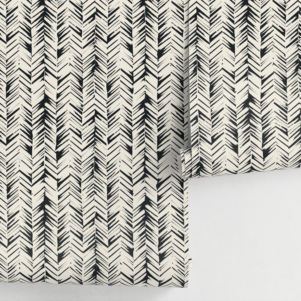 Chevron Wallpaper with a Hand-Drawn Motif in Black and Cream - detail view