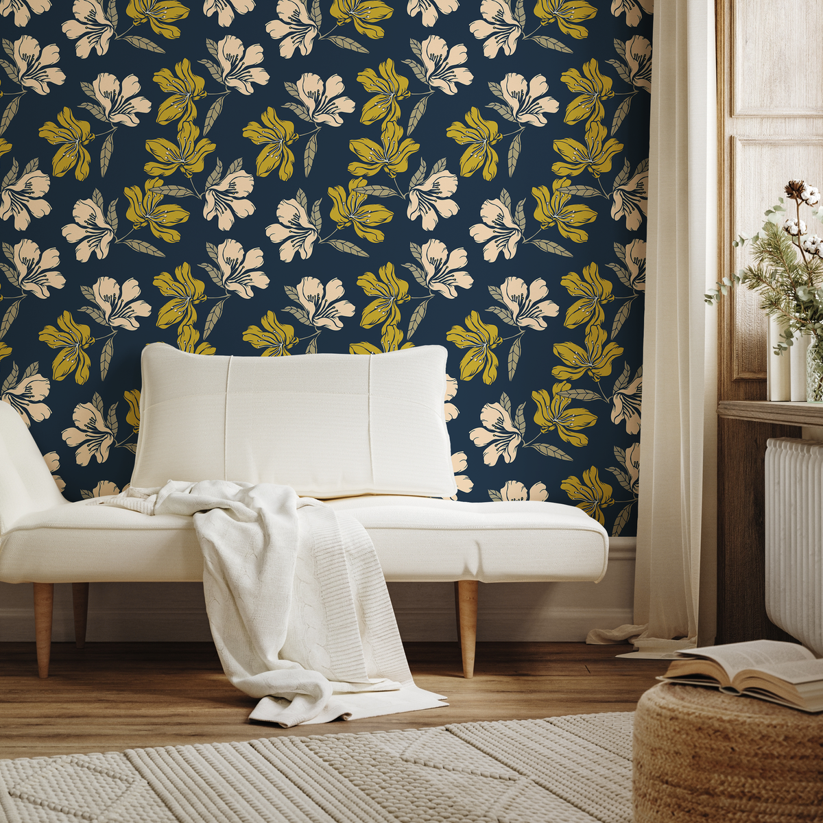 Floral Wallpaper with Stylized Blooms in Blue, Green, and Beige - detail view